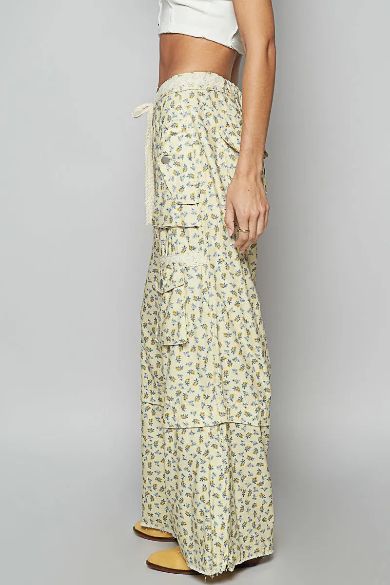 POL Floral Cargo Wide Leg Pants with Lace Drawstring - Tigbul's Variety Fashion Shop