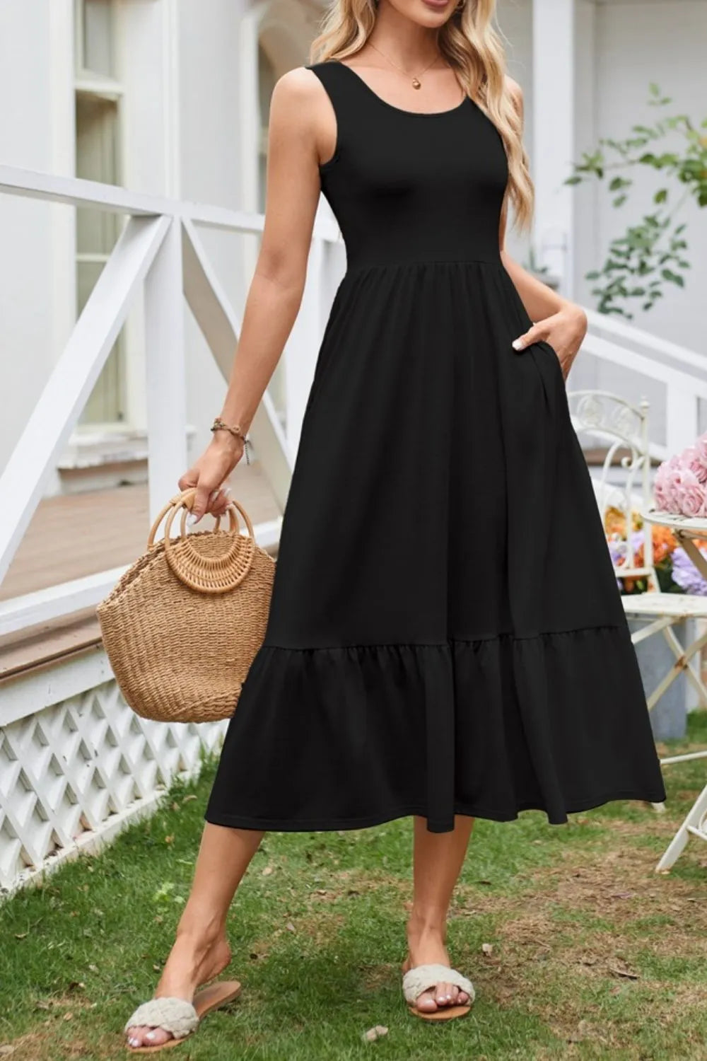 Round Neck Wide Strap Tank Dress - Tigbul's Variety Fashion Shop