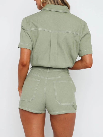 Button Up Short Sleeve Top and Shorts Denim Set - Tigbul's Variety Fashion Shop
