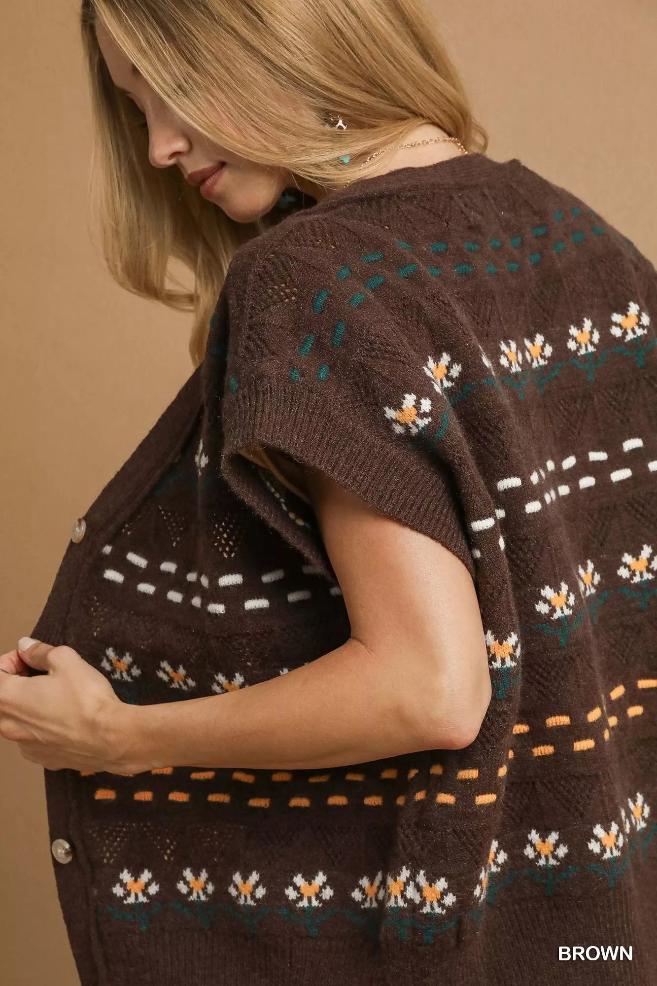 Umgee Button-Down Knit Vest with Floral Pattern - Tigbul's Variety Fashion Shop