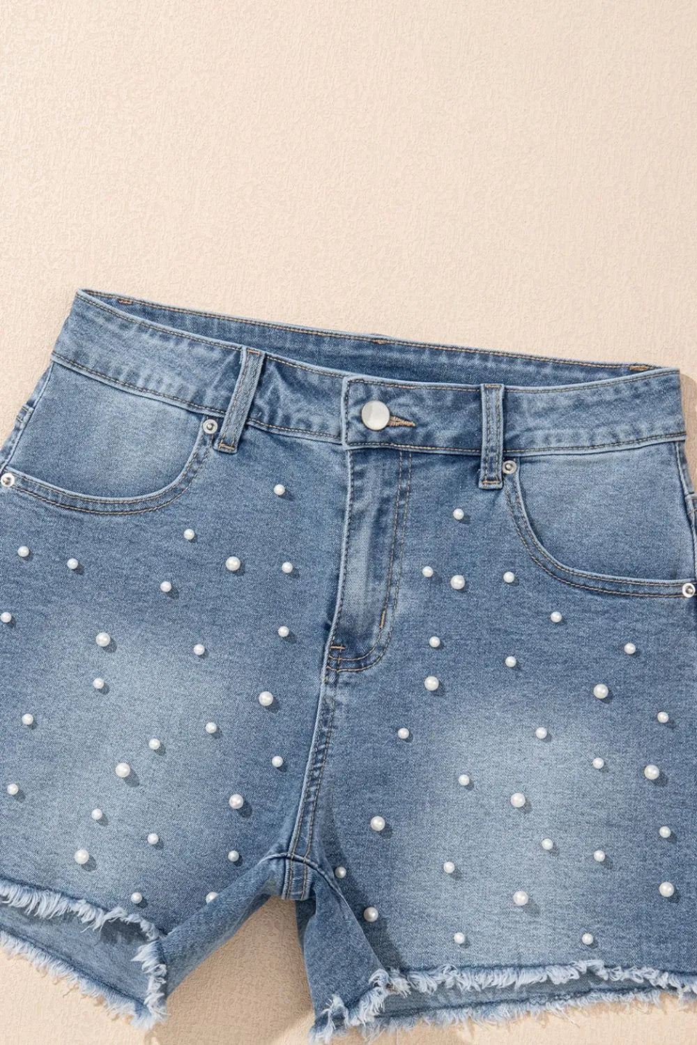 Pearl Beaded Raw Hem Wash Denim Shorts - Tigbul's Variety Fashion Shop