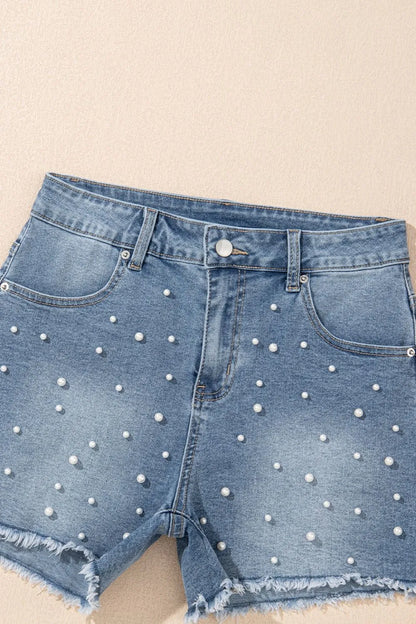 Pearl Beaded Raw Hem Wash Denim Shorts - Tigbul's Variety Fashion Shop