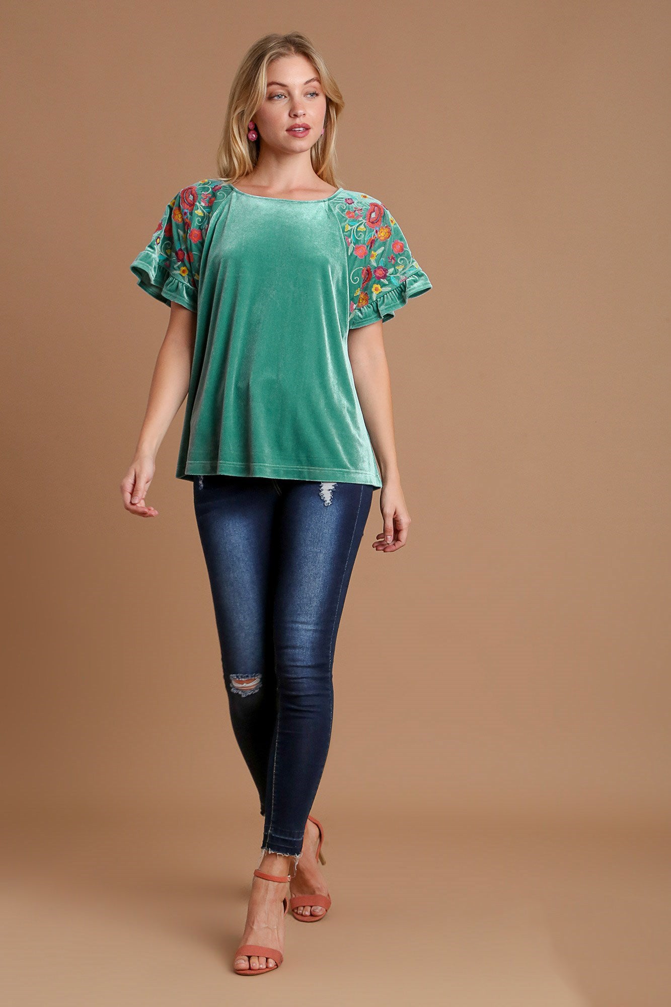 Umgee Velvet Embroidery Short Sleeve Blouse - Tigbul's Variety Fashion Shop