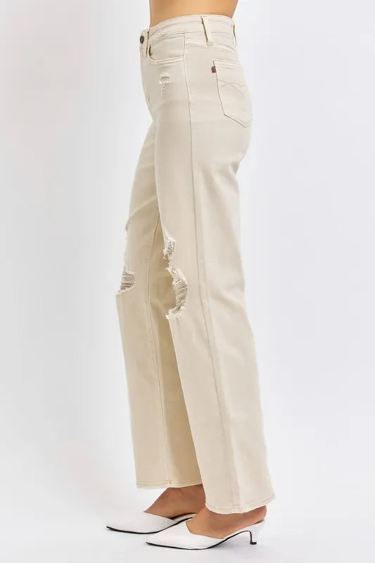 Bone high-rise wide-leg jeans with large distressed leg patches