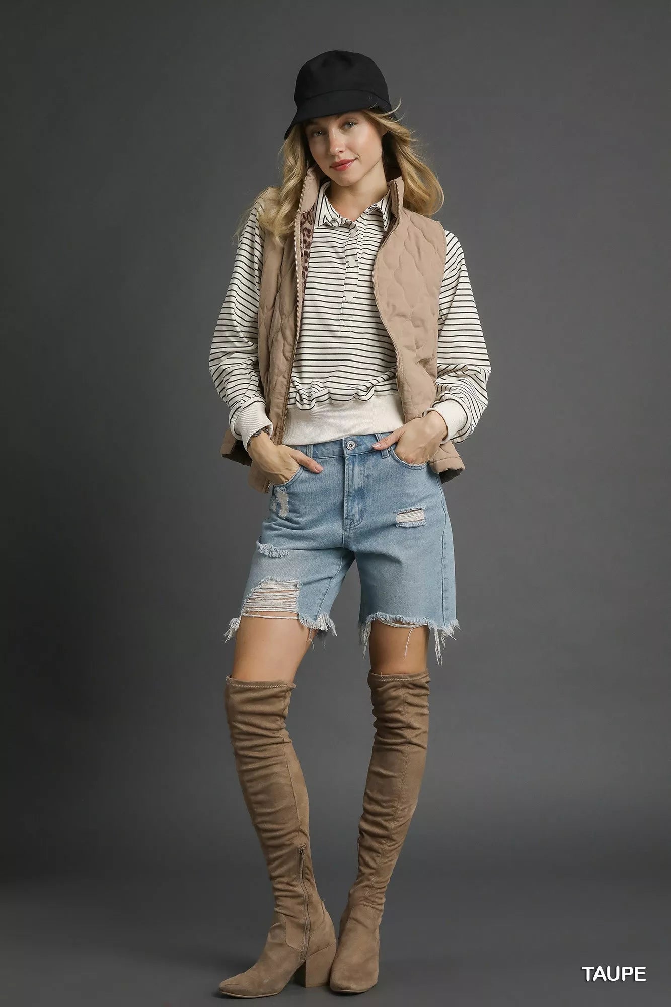 Taupe Color Quilted Zip-Up Vest - Tigbul's Variety Fashion Shop