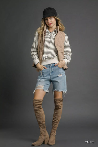Taupe Color Quilted Zip-Up Vest - Tigbul's Variety Fashion Shop
