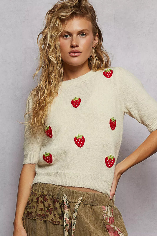 POL Round Neck Strawberry Patch Sweater with Shirring Shoulder - Tigbul's Variety Fashion Shop