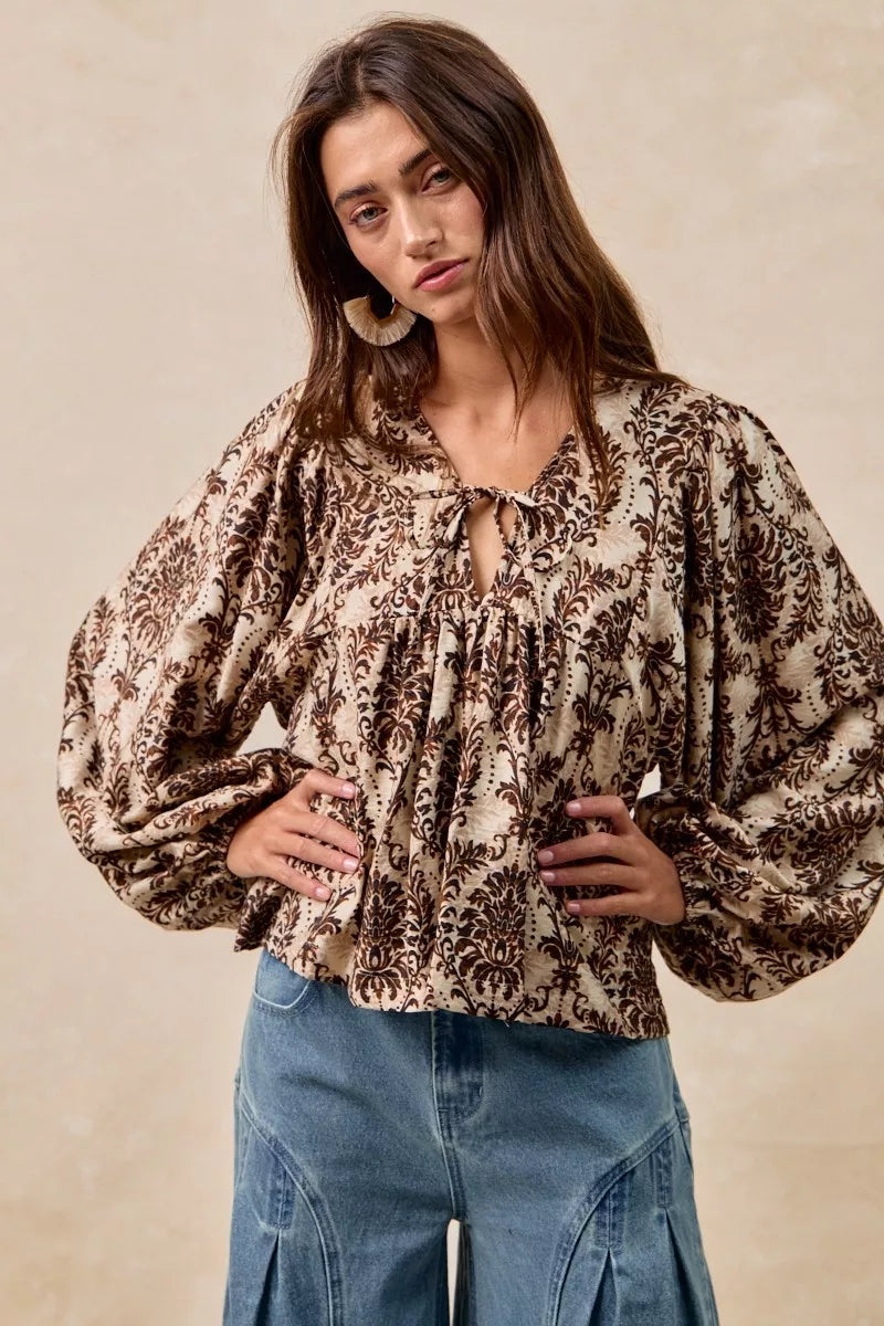 BiBi Printed Woven Front Tied Blouse with Baloon Sleeve - Tigbul's Variety Fashion Shop