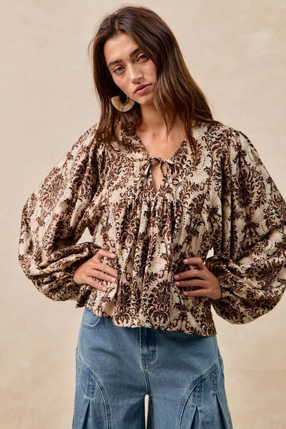 BiBi Printed Woven Front Tied Blouse with Baloon Sleeve - Tigbul's Variety Fashion Shop