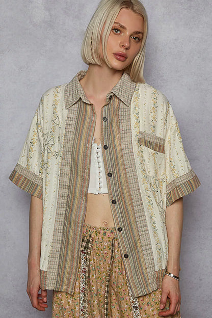 POL Printed Button Down Patchwork Short Sleeve Shirt - Tigbul's Variety Fashion Shop