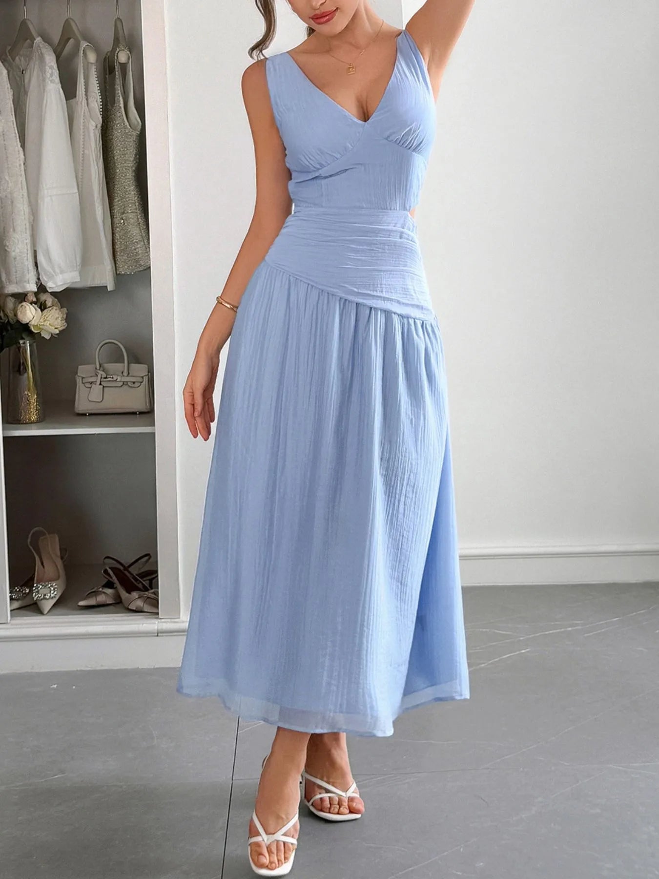 Cutout V-Neck Sleeveless Midi Dress - Tigbul's Variety Fashion Shop