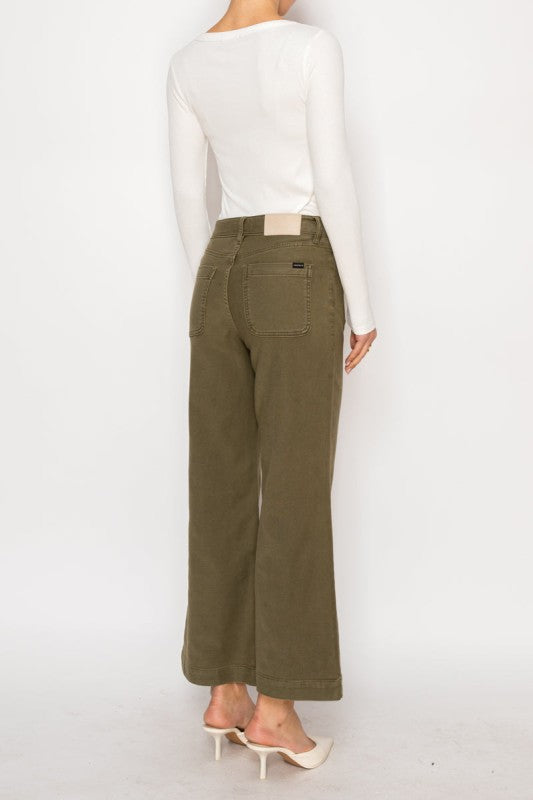 High Rise Crop Palazzo Olive Green PFD Jeans Women's - Tigbul's Variety Fashion Shop