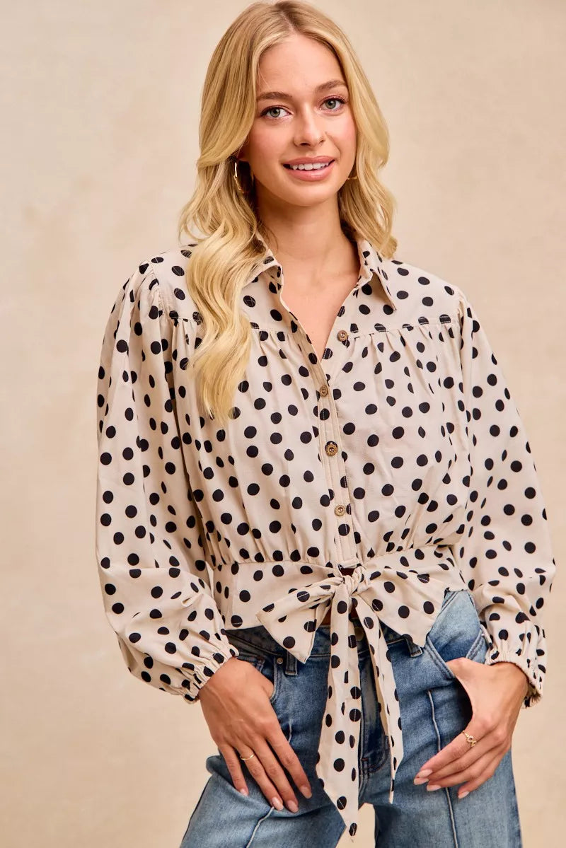 BiBi Polka Dot Print Tie Hem Detail Crop Shirt - Tigbul's Variety Fashion Shop