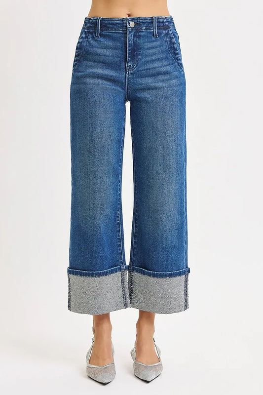 RISEN High Rise Ankle Wide Rhine Stone Cuffed Jeans - Tigbul's Variety Fashion Shop