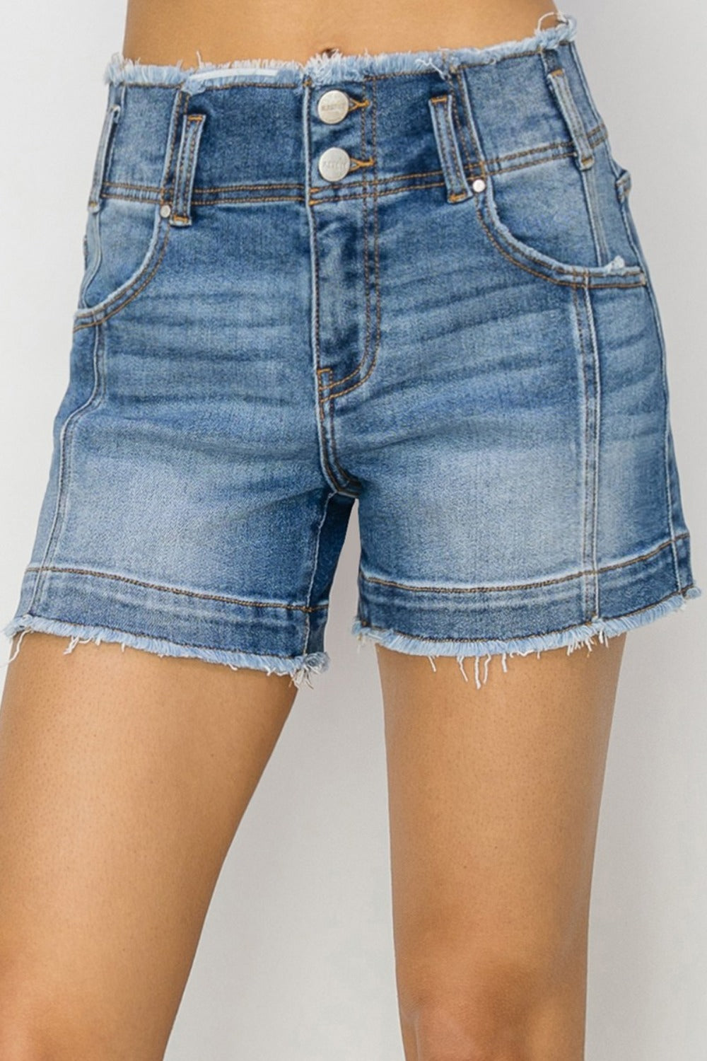 RISEN High Rise Seam Detailed Raw Edge Denim Shorts - Tigbul's Variety Fashion Shop