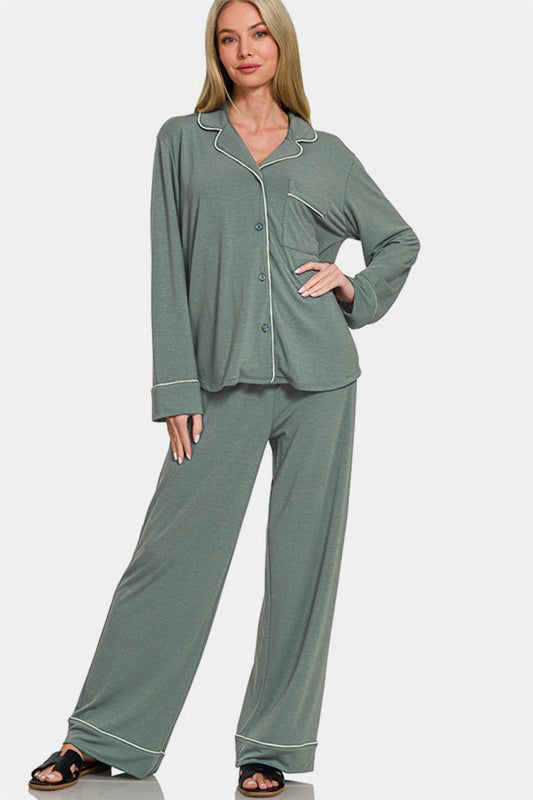 Zenana Button Down Long Sleeve Top and Pants Lounge Set - Tigbul's Variety Fashion Shop