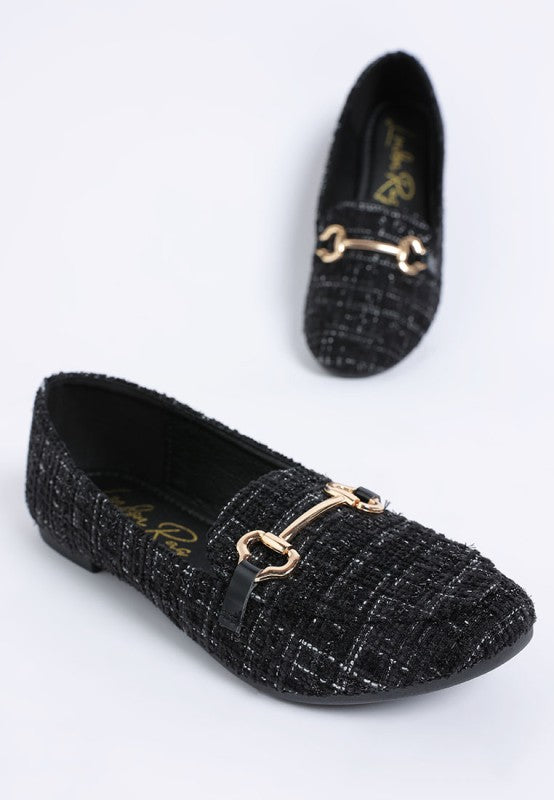 Schwarze Tweed-Loafers, vorne mit Horsebit-Besatz und abgerundeter Spitze