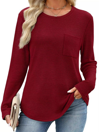 Waffle Knit Long Sleeve Pocket T-Shirt - Tigbul's Variety Fashion Shop