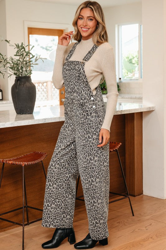 Leopard denim straight-leg overall with front bib and wide pant legs