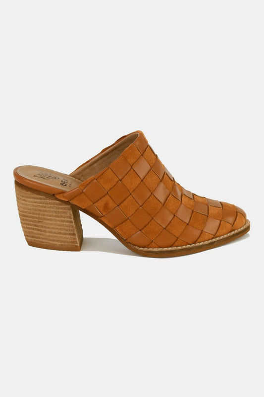 Brown Woven Checkerboard Block Heel Mule Shoes - Tigbul's Variety Fashion Shop