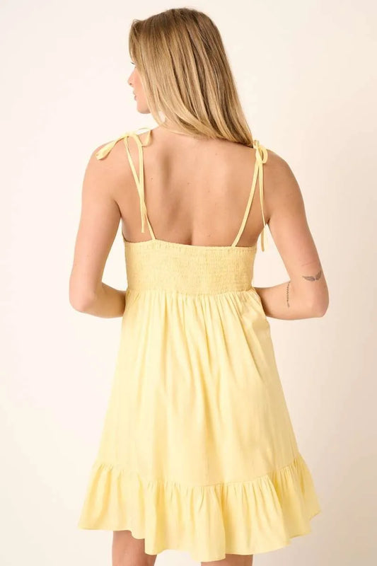 Yellow Ruched Detail Spaghetti Tie Mini Dress - Tigbul's Variety Fashion Shop