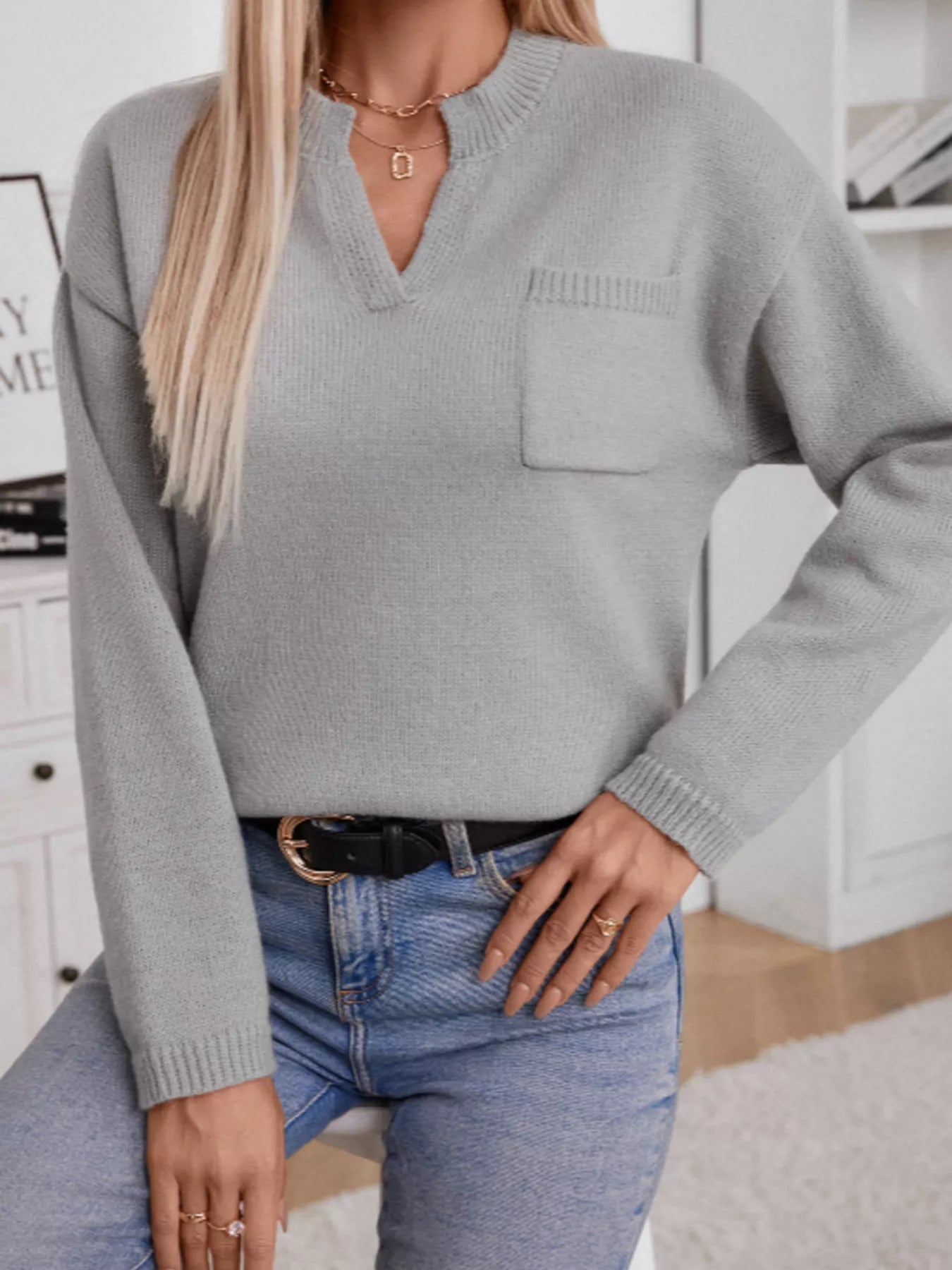 Notched Dropped Shoulder Sweater - Tigbul's Variety Fashion Shop