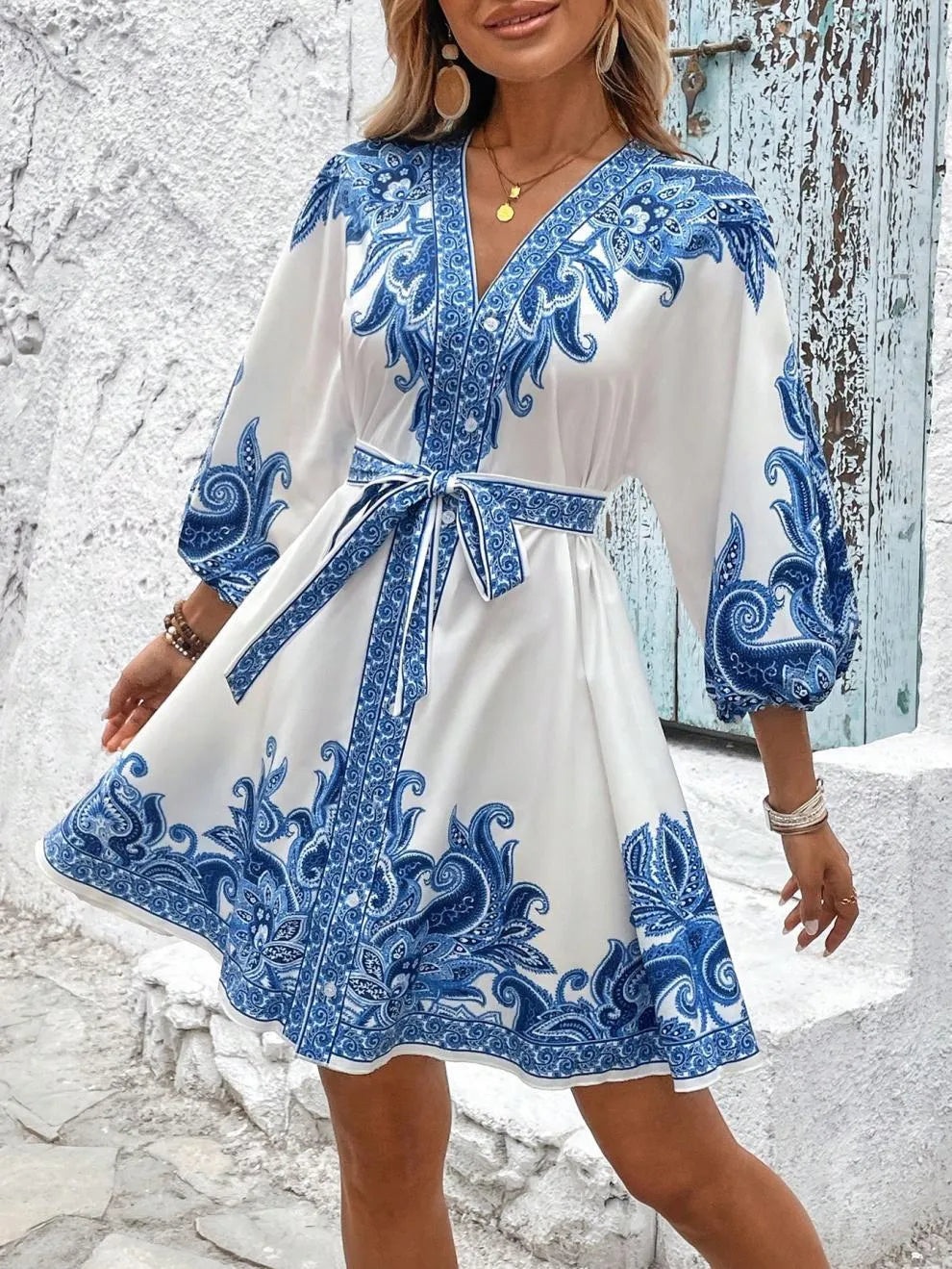 Paisley V-Neck 3/4 Sleeve Mini Dress - Tigbul's Variety Fashion Shop