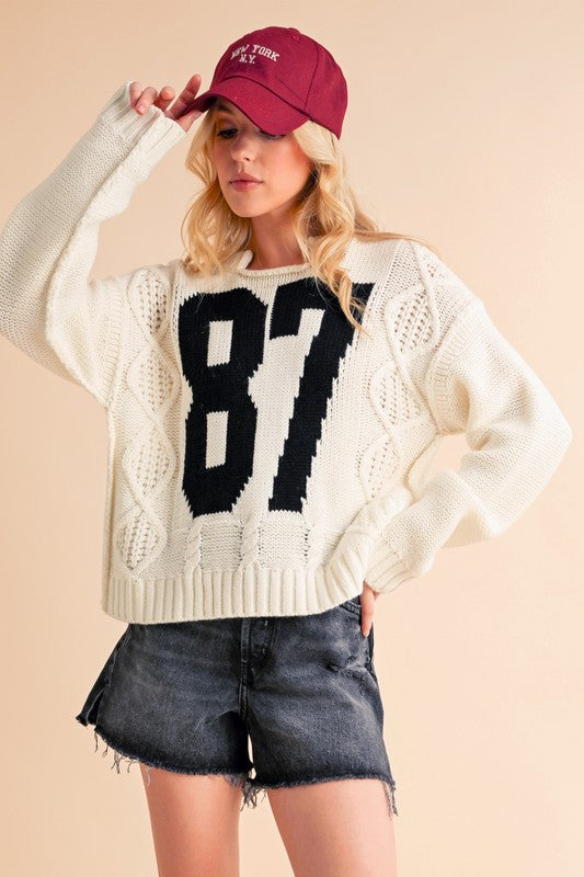 Contrast Number Cable Knit Drop Shoulder Sweater - Tigbul's Variety Fashion Shop