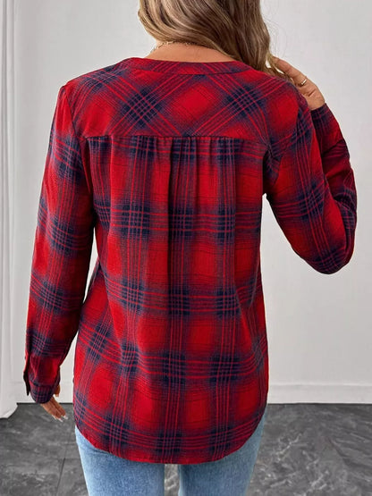 Plaid Half Button Long Sleeve Blouse - Tigbul's Variety Fashion Shop