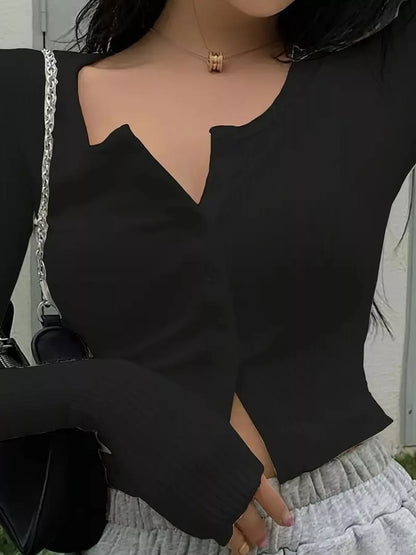 Ribbed Button-Down Long Sleeve T-Shirt - Tigbul's Variety Fashion Shop