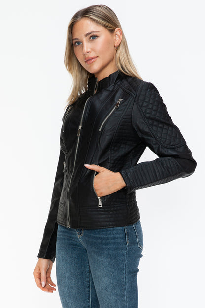 Black Faux Leather Zip Up Mock Neck Jacket