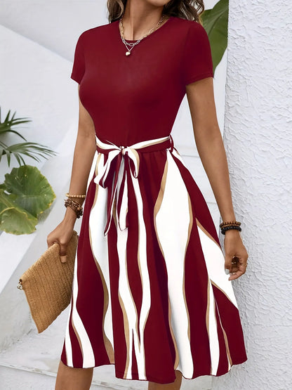 Striped Short Sleeve Tie Waist Dress - Tigbul's Variety Fashion Shop