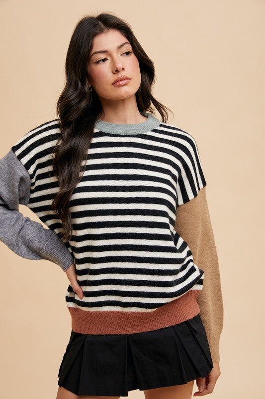 Ivory/Black Striped Color Block Round Neck Sweater - Tigbul's Variety Fashion Shop