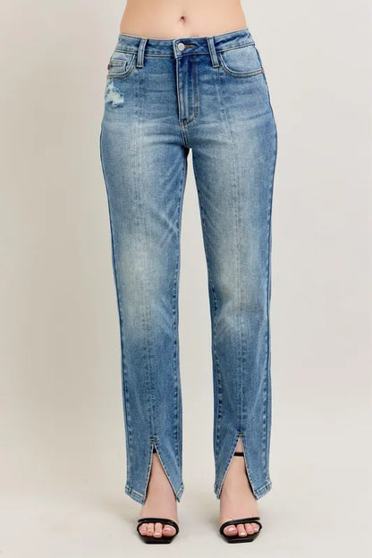 Judy Blue Full Size High Waist Vintage Wash Front Seam & Slit Straight Plus Size - Tigbul's Variety Fashion Shop