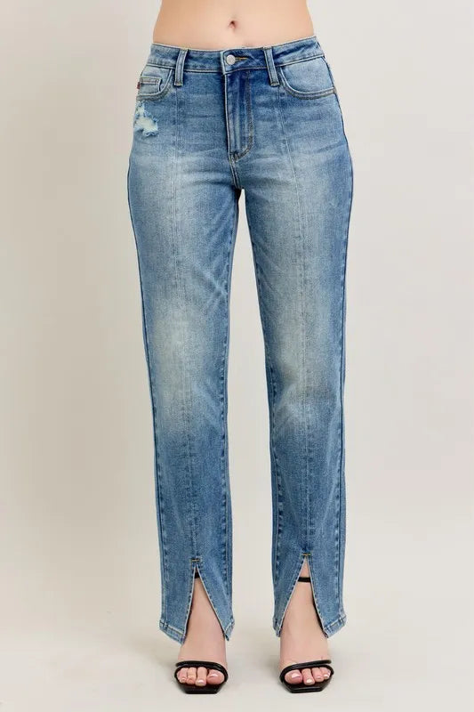 Judy Blue Full Size High Waist Vintage Wash Front Seam & Slit Straight Plus Size - Tigbul's Variety Fashion Shop