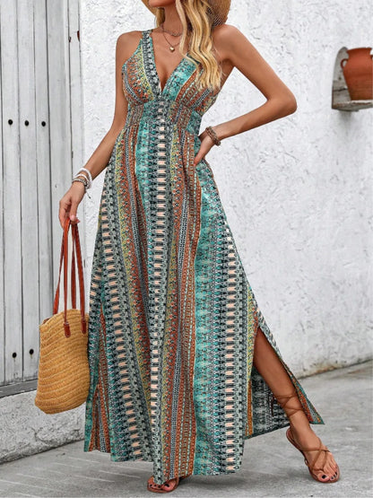 Tied Back Printed Sleeveless Maxi Slit Dress - Tigbul's Variety Fashion Shop
