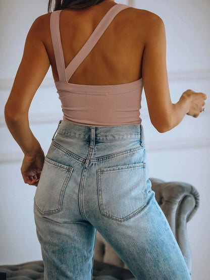 Asymmetrical Back Ribbed Crop Tank Top - Tigbul's Variety Fashion Shop