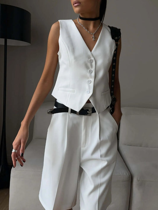 V-Neck Vest and Pants Two-Piece Blazer Set - Tigbul's Variety Fashion Shop