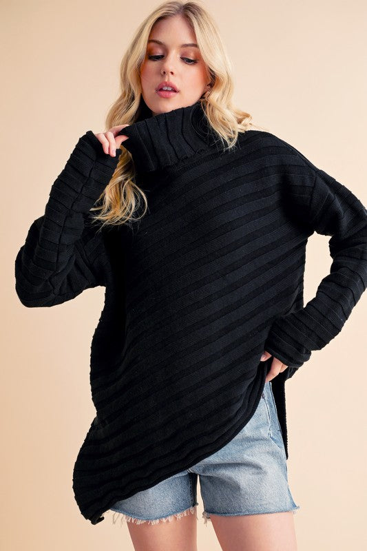 Black Asymmetrical Side Slit Turtleneck Sweater | Tigbuls