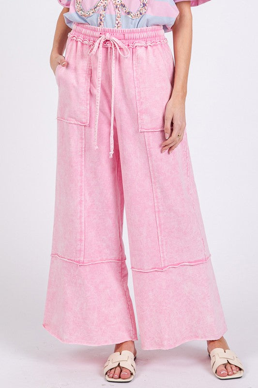 Pink Mineral Washed Terry Wide Leg Pants - Tigbul's Variety Fashion Shop