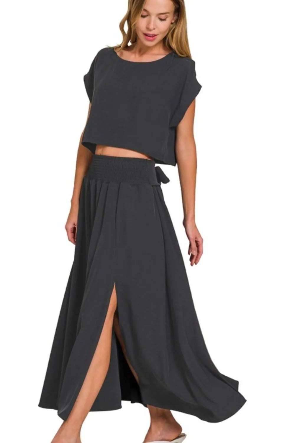 Zenana Heavy Woven Span Crop Tee & Skirt Set - Tigbul's Variety Fashion Shop