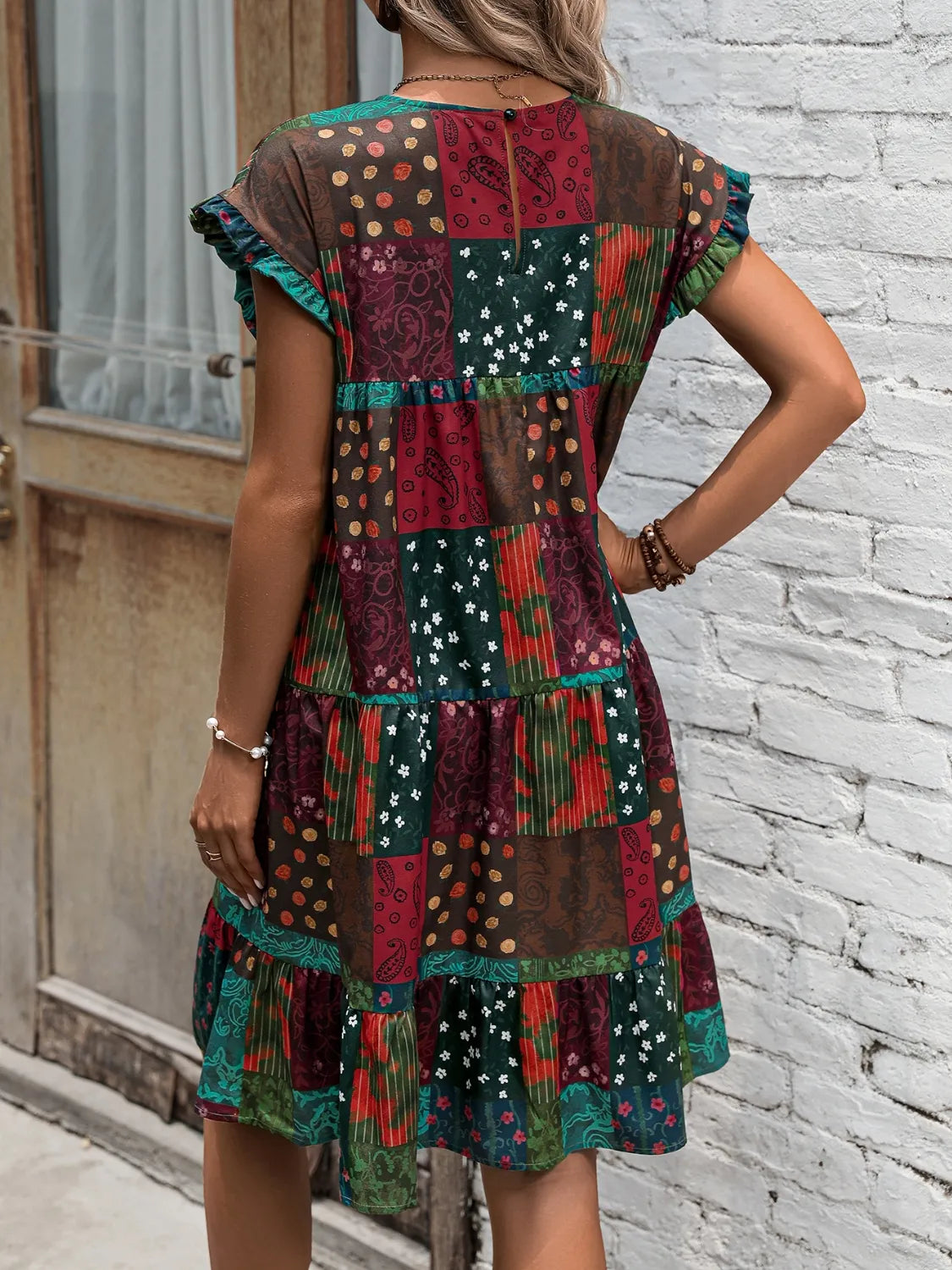 Burgundy Color Block Print Short Sleeve Mini Dress - Tigbul's Variety Fashion Shop