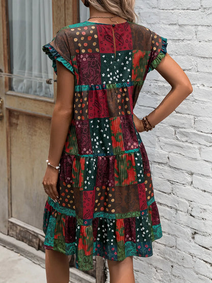 Burgundy Color Block Print Short Sleeve Mini Dress - Tigbul's Variety Fashion Shop
