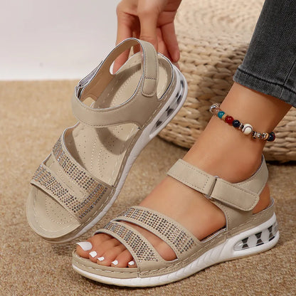Open Toe Inlaid Rhinestone Wedge Sandals - Tigbul's Variety Fashion Shop