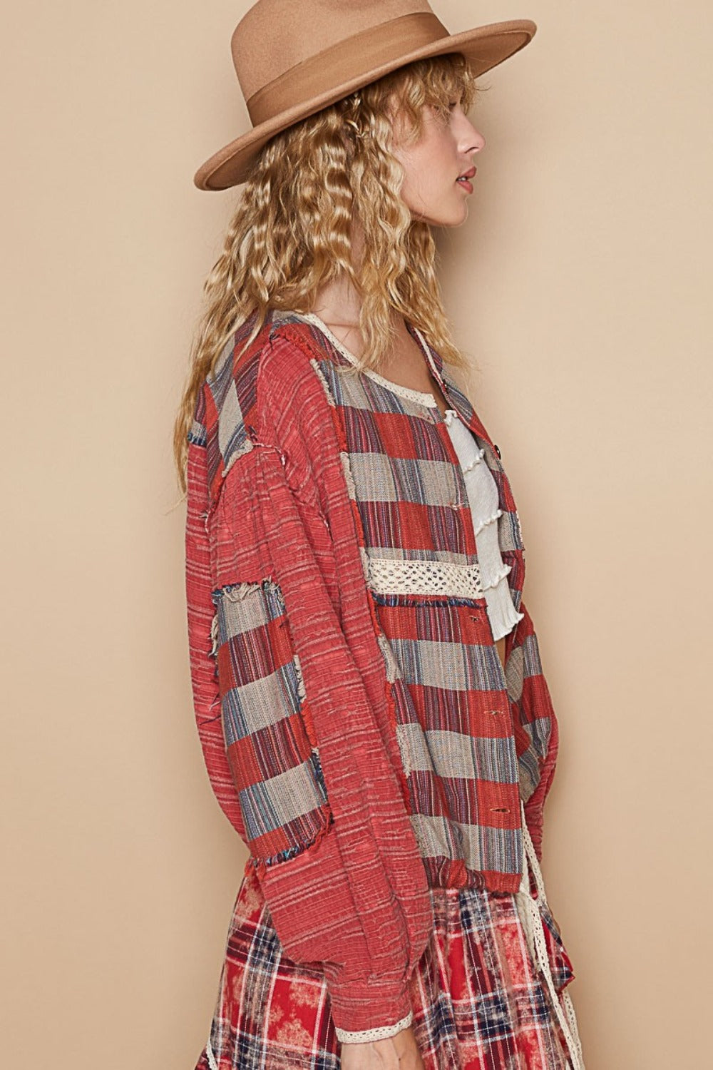 Red Round Neck Long Sleeve Plaid Shirt - Tigbul's Variety Fashion Shop