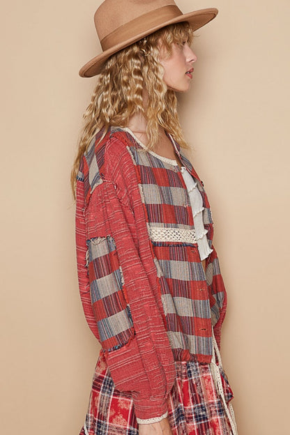 Red Round Neck Long Sleeve Plaid Shirt - Tigbul's Variety Fashion Shop