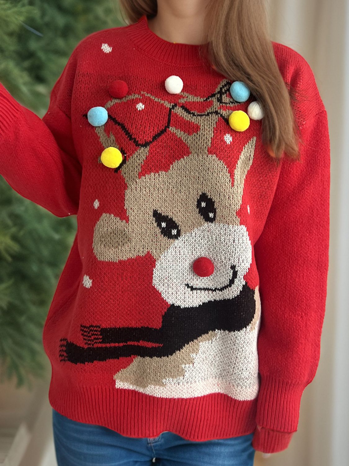 Reindeer Round Neck Long Sleeve Sweater - Tigbul's Variety Fashion Shop