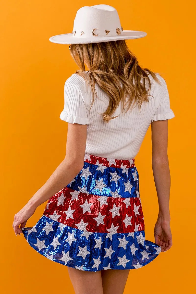 American Flag Theme Star Sequin Tiered Skirt - Tigbul's Variety Fashion Shop