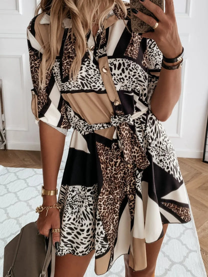 Printed Tie Waist Roll-Tab Sleeve Mini Dress - Tigbul's Variety Fashion Shop