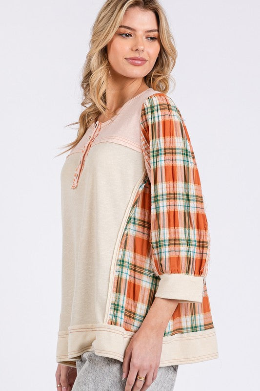 Pink Exposed Seam Button Detail Plaid Top - Tigbul's Variety Fashion Shop